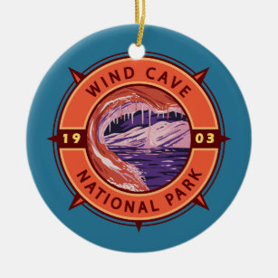 Wind Cave National Park Retro Compass Emblem Ceramic Tree Decoration