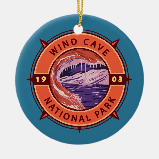 Wind Cave National Park Retro Compass Emblem Ceramic Tree Decoration (Front)