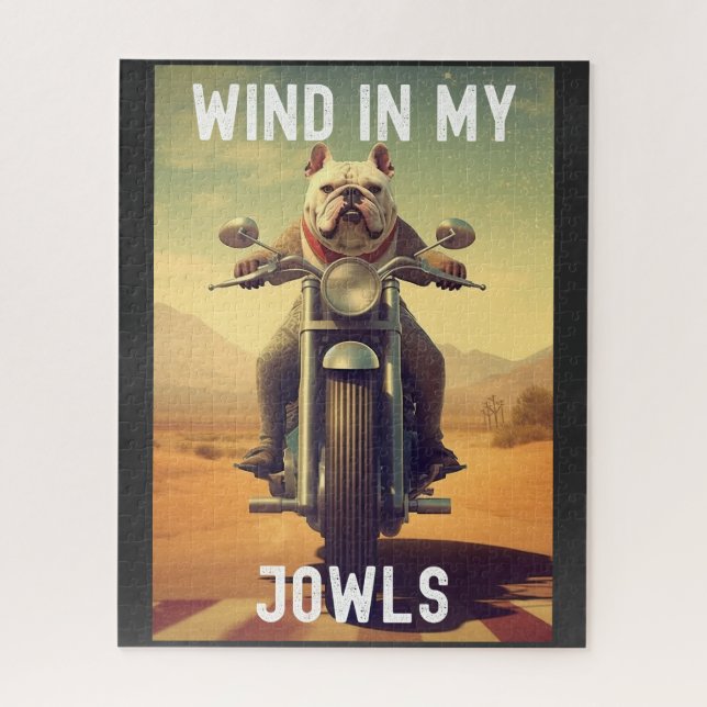 Wind in My Jowls : A Bulldog Riding a Motorcycle  Jigsaw Puzzle (Vertical)