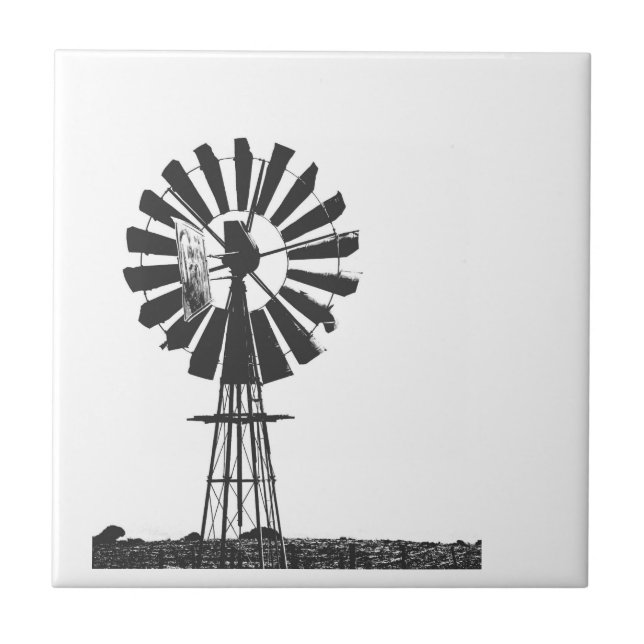 Wind Pump Sketch Farm Rural Landscape Tile (Front)