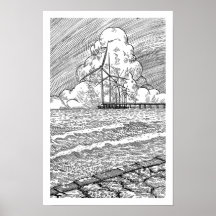 Wind Turbines Ocean Ink Drawing