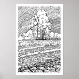 ​Wind Turbines Ocean Ink Drawing Poster