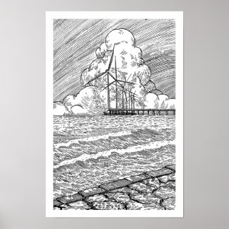 Wind Turbines Ocean Ink Drawing Poster