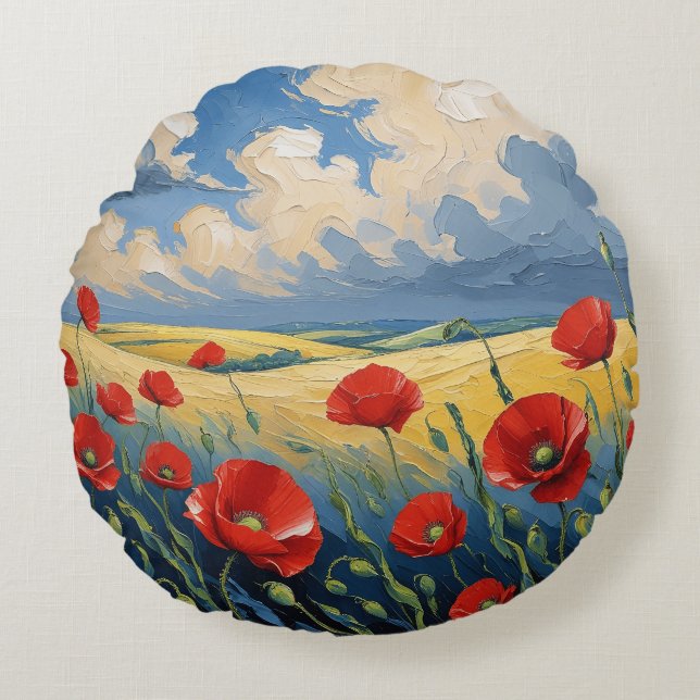 Wind whisper in poppies round cushion (Front)