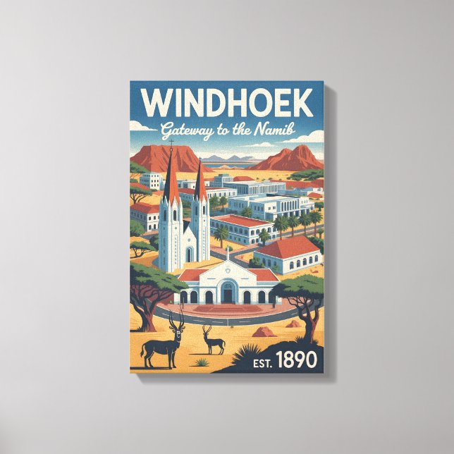 Windhoek Namibia Retro Travel Poster Art Canvas Print (Front)