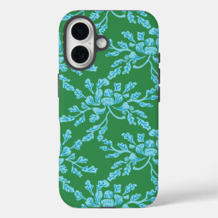 Winding Peony Woodcut in Green and Aqua iPhone 16 Case