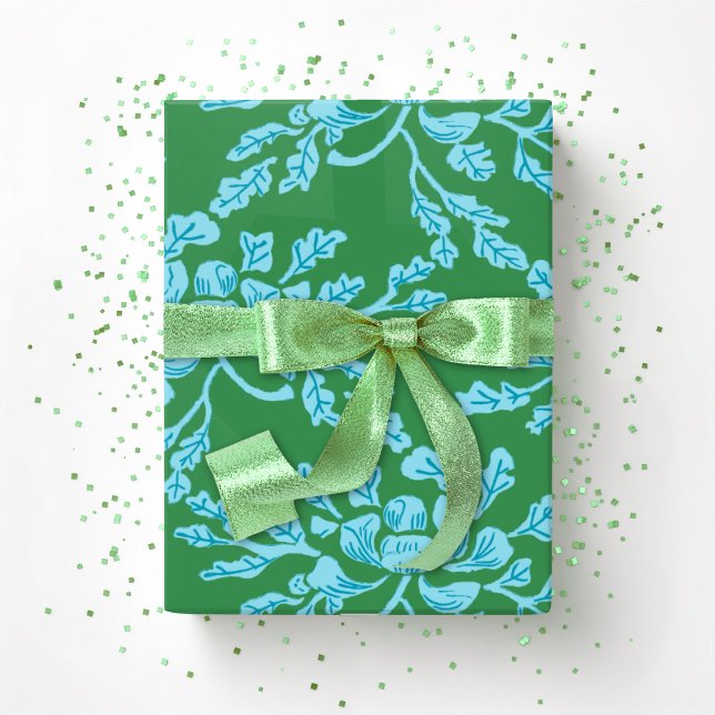 Winding Peony Woodcut in Green and Aqua Wrapping Paper (Creator Uploaded)