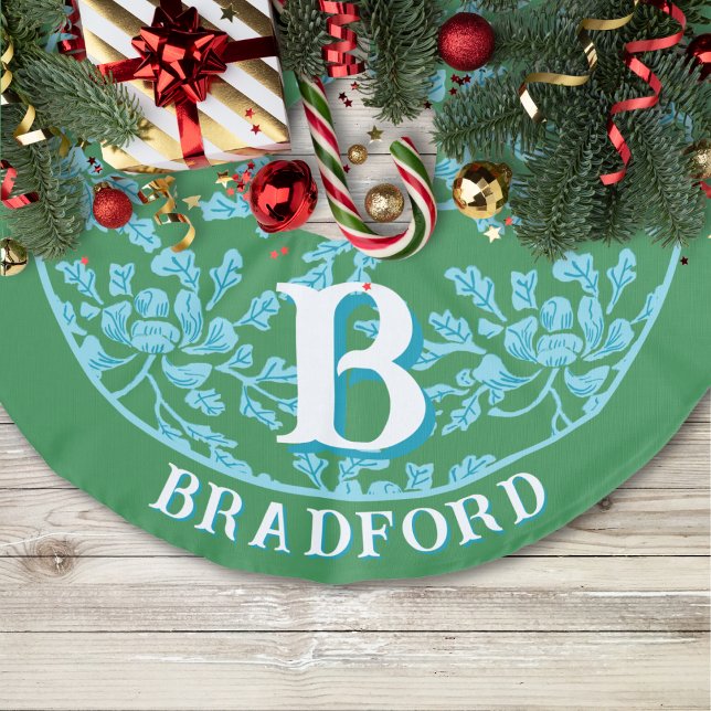 Winding Peony Woodcut in Green + Aqua Personalised Faux Linen Tree Skirt (Creator Uploaded)