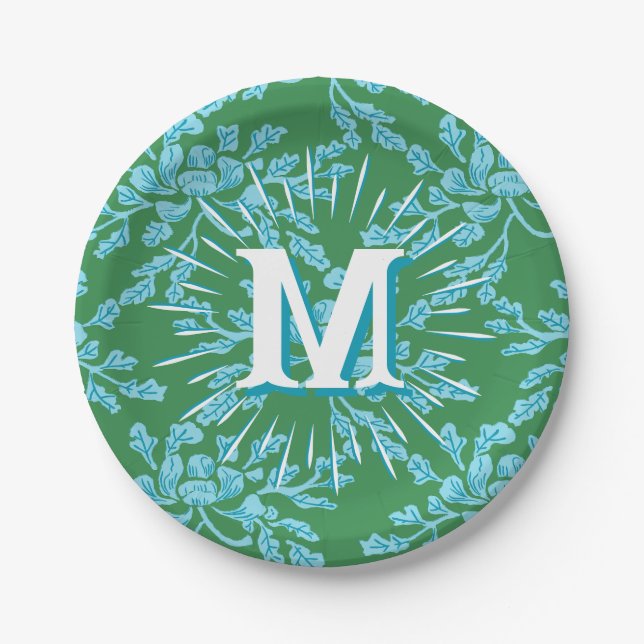 Winding Peony Woodcut in Green + Aqua Personalised Paper Plate (Front)