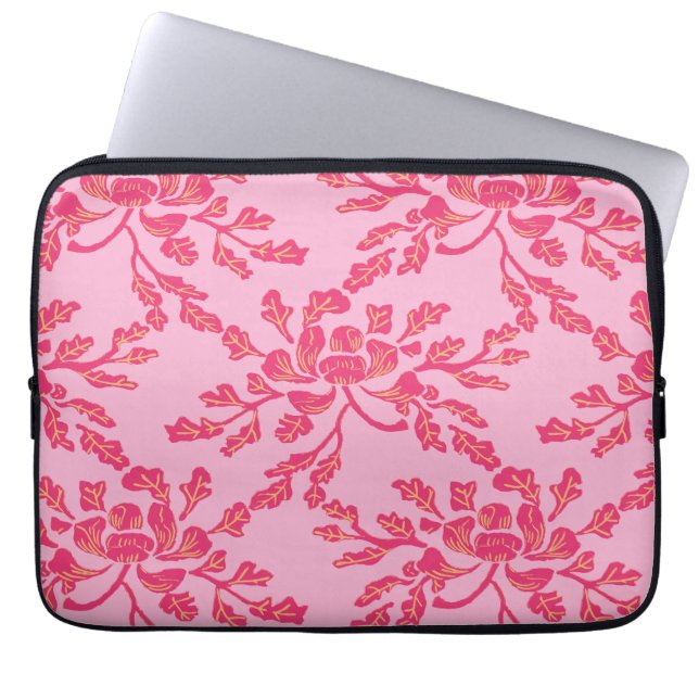 Winding Peony Woodcut in Pink and Orange Laptop Sleeve (Front)
