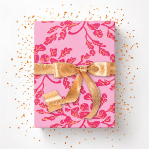 Winding Peony Woodcut in Pink and Orange Wrapping Paper