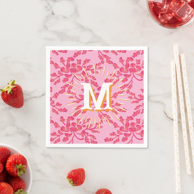 Winding Peony Woodcut Pink + Orange Personalised Napkin (Insitu)