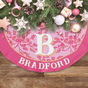 Winding Peony Woodcut Pink + Orange Personalized Faux Linen Tree Skirt