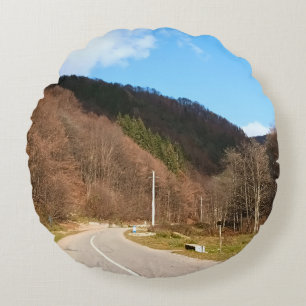 Winding Road Through Forest – Wild Nature Romania Round Cushion
