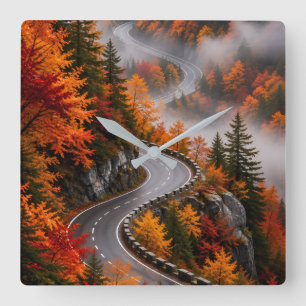 Winding Road Through Misty Autumn Forest Wall Square Wall Clock