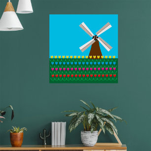 Windmill Amongst Tulip Flowers Poster