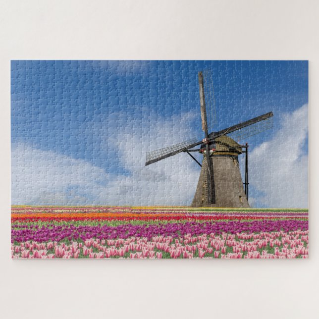 Windmill And Colorful Tulips Amsterdam Netherlands Jigsaw Puzzle (Horizontal)