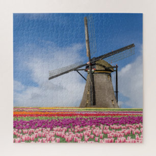 Windmill And Colorful Tulips Amsterdam Netherlands Jigsaw Puzzle