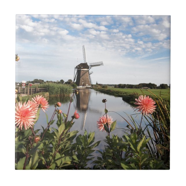 Windmill and flowers in Holland photo tile (Front)