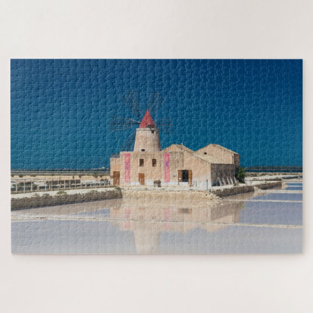 Windmill and salt pans at the salina of Trapani Jigsaw Puzzle (Horizontal)