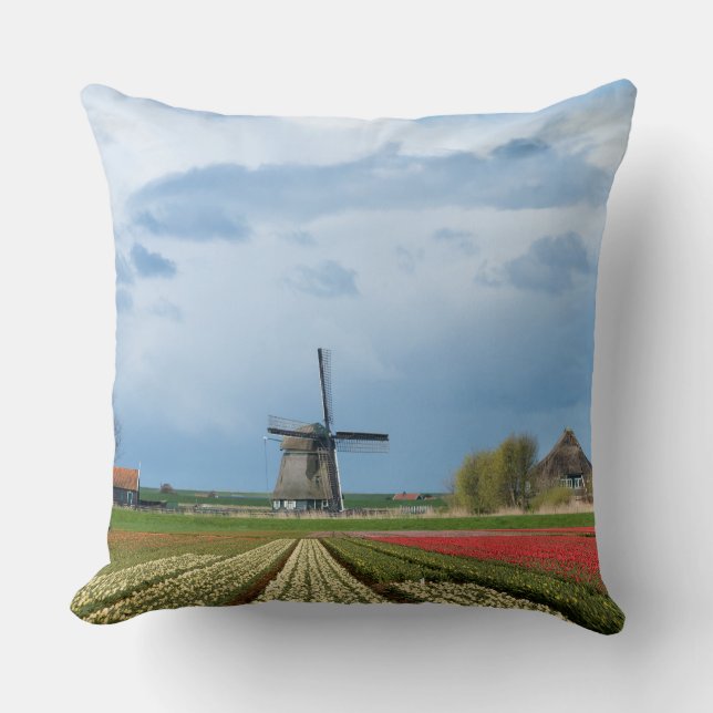 Windmill and tulips landscape throw pillow (Front)