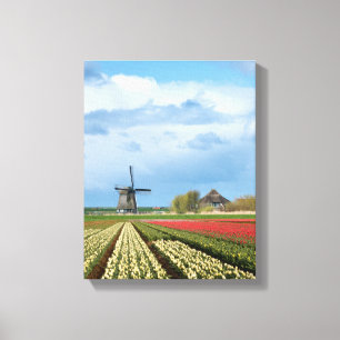 Windmill and tulips landscape vertical canvas print