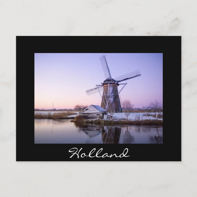 Windmill at cold sunrise, Holland black postcard (Front)