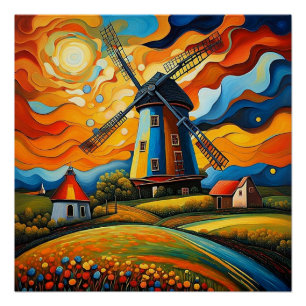 Windmill at sunset 10 poster