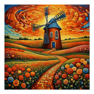 Windmill at sunset 1 poster