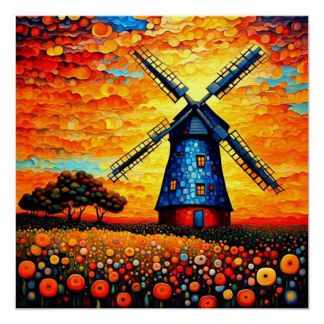 Windmill at sunset 2 poster (Front)