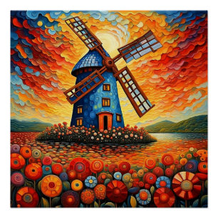 Windmill at sunset 3 poster