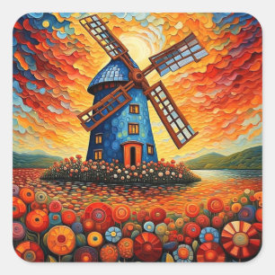 Windmill at sunset 3 square sticker