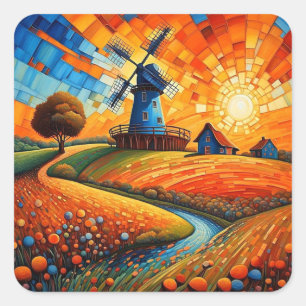 Windmill at sunset 5 square sticker