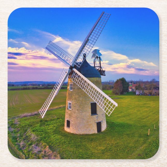 Windmill Blue Sky Square Paper Coaster (Front)