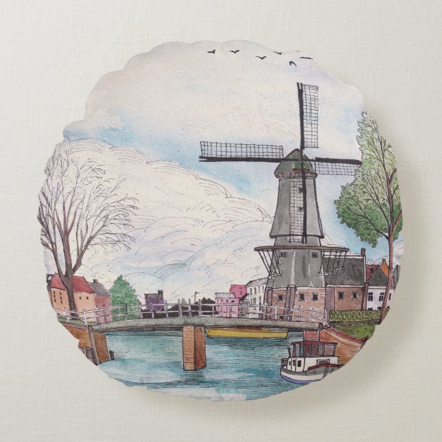 Windmill De Adriaan Haarlem Netherlands Watercolor Round Cushion (Front)