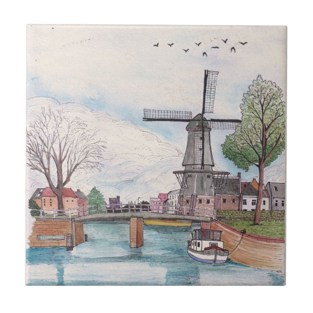 Windmill De Adriaan Haarlem Netherlands Watercolor Tile (Front)