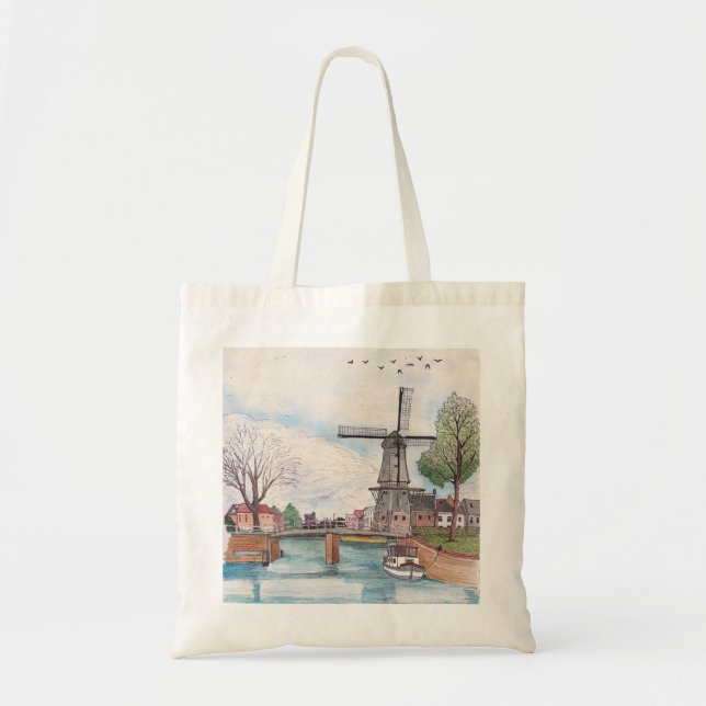 Windmill De Adriaan Haarlem Netherlands Watercolor Tote Bag (Front)