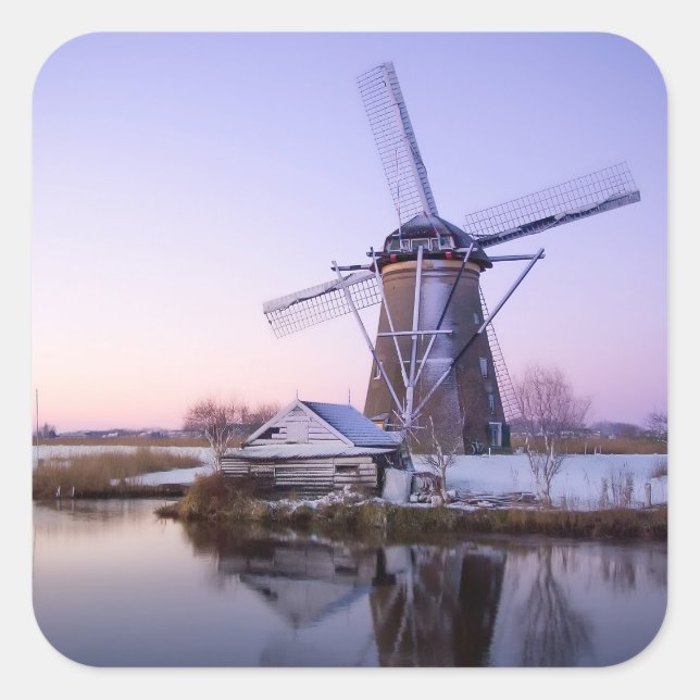 Windmill during sunrise in Holland square sticker (Front)