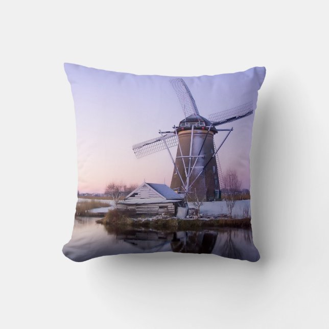 Windmill during sunrise in Holland throw pillow (Front)