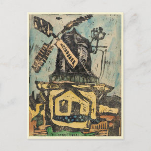 Windmill Hand Coloured Woodcut Graphic Postcard