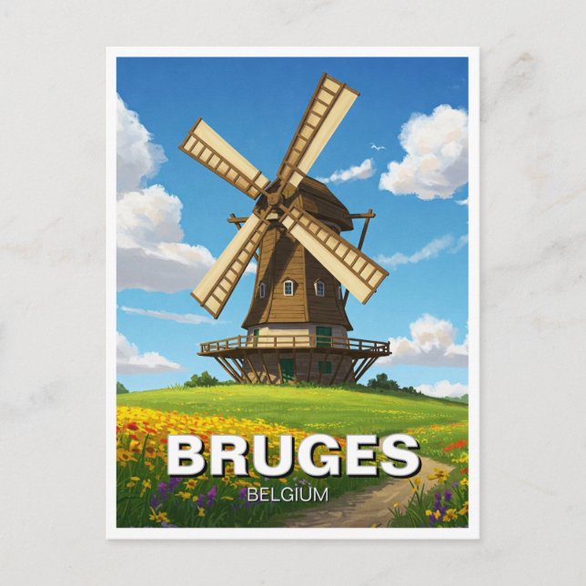 Windmill in Bruges Belgium Travel Souvenir Postcard (Front)