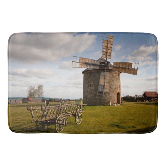 Windmill in Green Field & White Clouds & Blue Sky Bath Mat (Front)