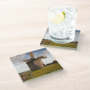 Windmill in Green Field & White Clouds & Blue Sky Glass Coaster