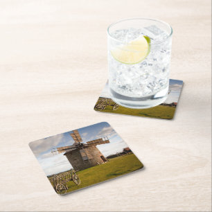 Windmill in Green Field & White Clouds & Blue Sky Square Paper Coaster
