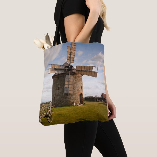 Windmill in Green Field & White Clouds & Blue Sky Tote Bag (Close Up)