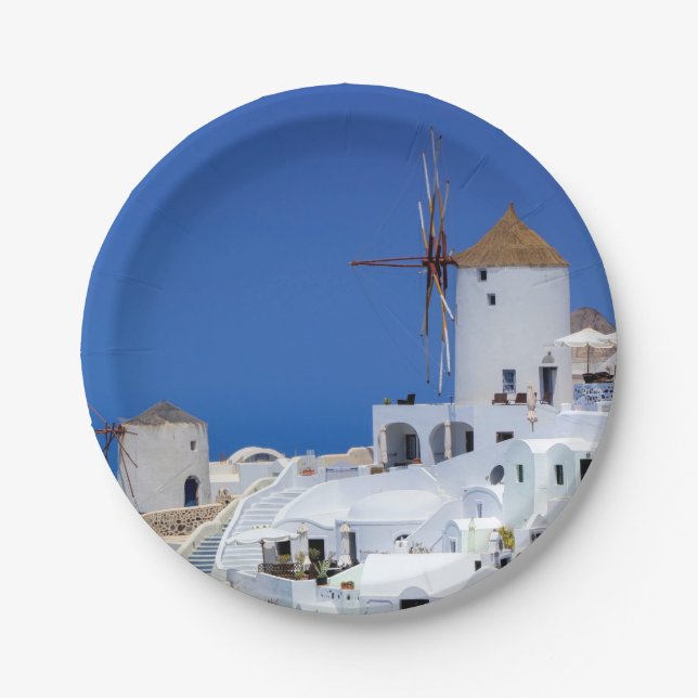 Windmill in Oia, Santorini, Greece Paper Plate (Front)