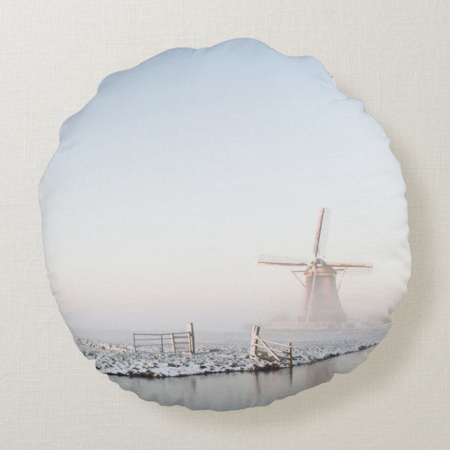Windmill in the snow in winter round pillow (Back)