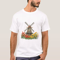 Windmill in Tulip Field with Flower House