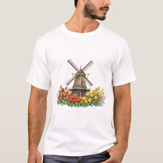 Windmill in Tulip Field with Flower House T-Shirt