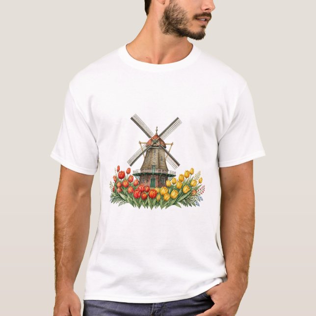 Windmill in Tulip Field with Flower House T-Shirt (Front)